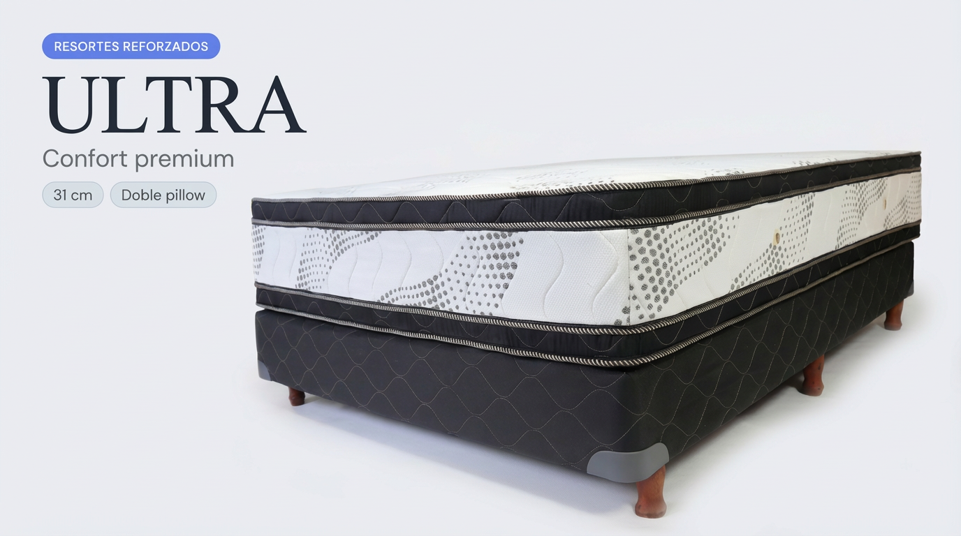 Colchon Ultra Bedstop - vista frontal · resortes reforzados híbrido + espuma alta densidad · 31 cm · doble pillow · soporta +130 kg