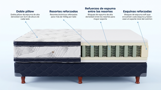Colchon Ultra Bedstop - estructura interna · doble pillow · resortes bicónicos reforzados (+140 kg/lado) · esquinas reforzadas